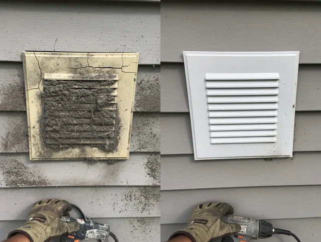 Westerly Dryer Vent Cleaning technician installing high-quality dryer vent cover at a residential property in Westerly