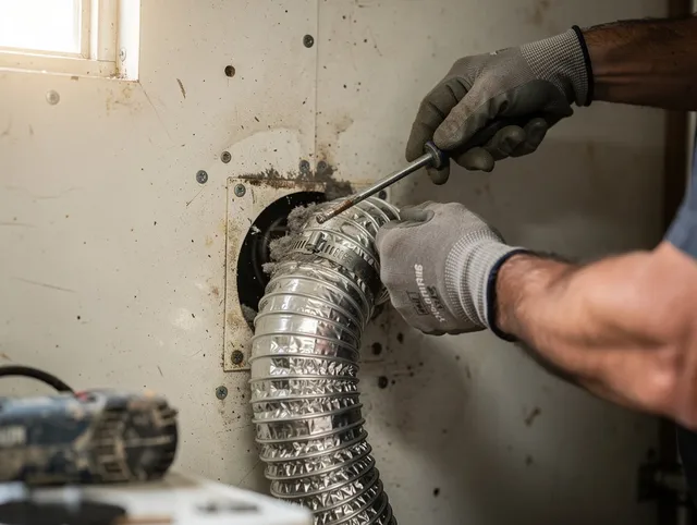 Westerly Dryer Vent Cleaning technician performing precise dryer vent hose installation in Westerly